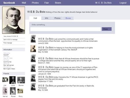 Facebook W.E.B. Du Bois thinking of how the new rights should change man kinds behavior WallPhotosFlairBoxesW. E. B. Du BoisLogout View photos of W.E.B.