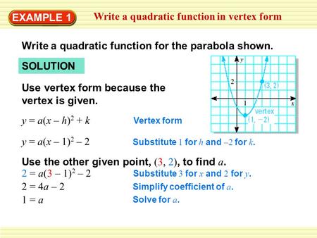 EXAMPLE 1 Write a quadratic function in vertex form Write a quadratic function for the parabola shown. SOLUTION Use vertex form because the vertex is given.