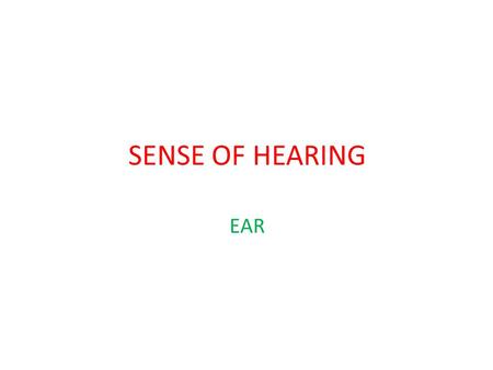 SENSE OF HEARING EAR. Ear Consists of 3 parts –External ear Consists of pinna, external auditory meatus, and tympanum Transmits airborne sound waves to.