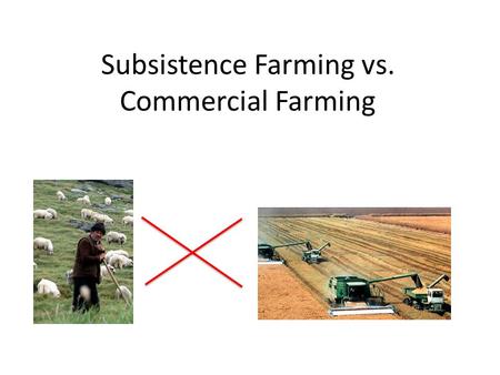 Subsistence Farming vs. Commercial Farming. What is Subsistence Farming? Farmers’ produce is solely for the farmer’s consumption. Any leftovers are sold.