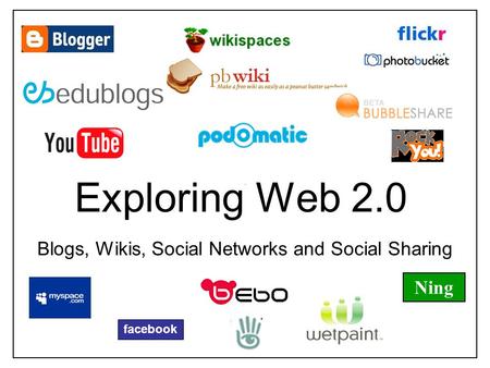 Exploring Web 2.0 Blogs, Wikis, Social Networks and Social Sharing facebook Ning.