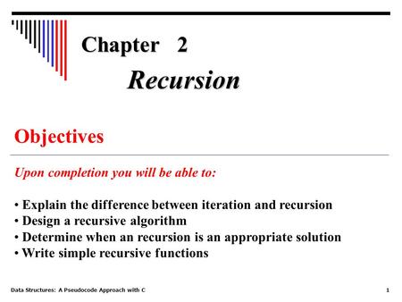 Data Structures: A Pseudocode Approach with C1 Chapter 2 Objectives Upon completion you will be able to: Explain the difference between iteration and recursion.