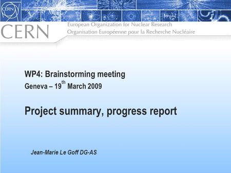 WP4: Brainstorming meeting Geneva – 19 th March 2009 Project summary, progress report Jean-Marie Le Goff DG-AS.