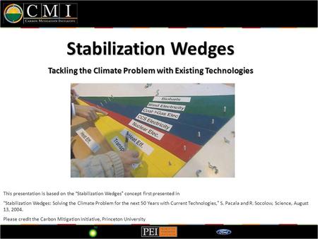 Stabilization Wedges Tackling the Climate Problem with Existing Technologies This presentation is based on the “ Stabilization Wedges ” concept first presented.