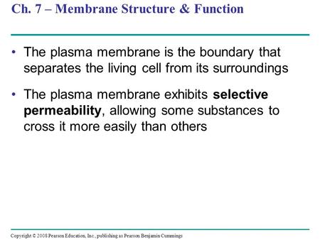 Ch. 7 – Membrane Structure & Function The plasma membrane is the boundary that separates the living cell from its surroundings The plasma membrane exhibits.