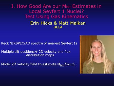 Keck NIRSPEC/AO spectra of nearest Seyfert 1s Multiple slit positions  2D velocity and flux distribution maps Model 2D velocity field to estimate M BH.