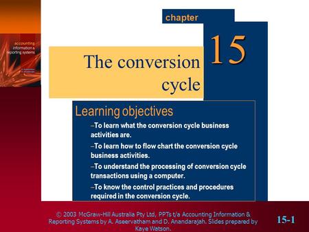 © 2003 McGraw-Hill Australia Pty Ltd, PPTs t/a Accounting Information & Reporting Systems by A. Aseervatham and D. Anandarajah. Slides prepared by Kaye.