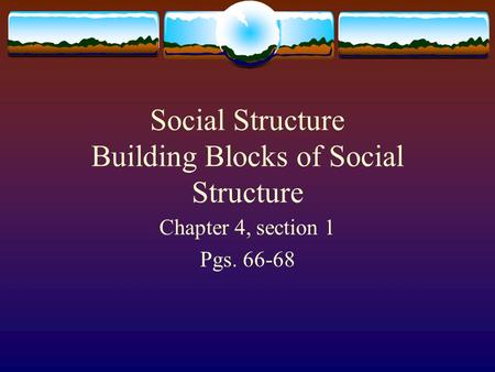 Social Structure Building Blocks of Social Structure Chapter 4, section 1 Pgs. 66-68.