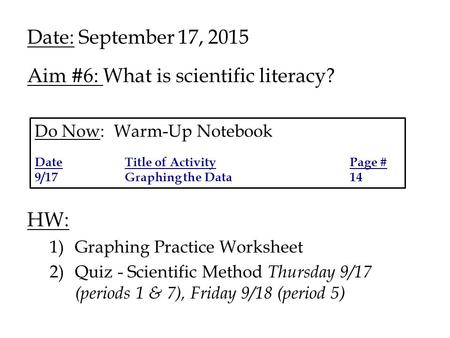 Date: September 17, 2015 Aim #6: What is scientific literacy? HW: 1)Graphing Practice Worksheet 2)Quiz - Scientific Method Thursday 9/17 (periods 1 & 7),