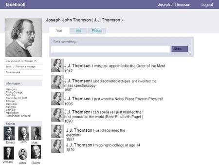 Facebook Joseph John Thomson ( J.J. Thomson ) Joseph J. ThomsonLogout View photos of J.J. Thomson (7) Send J.J. Thomson a message Poke message Wall InfoPhotos.