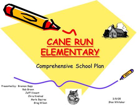 CANE RUN ELEMENTARY Comprehensive School Plan Presented by: Brennon Sapp Rob Brown Rob Brown Jeff Vincent Jeff Vincent Chris Kindred Chris Kindred Marla.