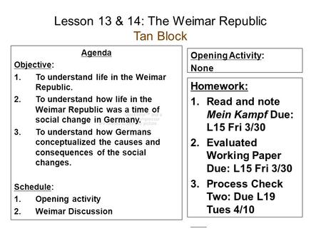 Lesson 13 & 14: The Weimar Republic Tan Block Agenda Objective: 1.To understand life in the Weimar Republic. 2.To understand how life in the Weimar Republic.