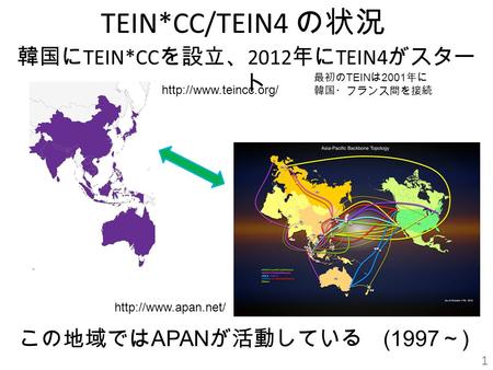 TEIN*CC/TEIN4 の状況 韓国に TEIN*CC を設立、 2012 年に TEIN4 がスター ト 1  この地域では APAN が活動している (1997 ～ )  最初の TEIN は 2001 年に.