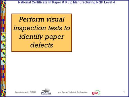 1 Commissioned by PAMSA and German Technical Co-Operation National Certificate in Paper & Pulp Manufacturing NQF Level 4 Perform visual inspection tests.