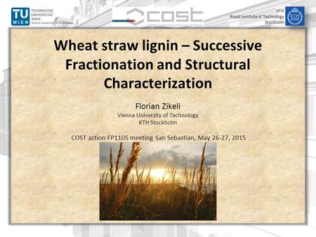 KTH Royal Institute of Technology Stockholm Wheat straw lignin – Successive Fractionation and Structural Characterization Florian Zikeli Vienna University.