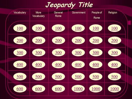 100 400 300 200 500 60000 Jeopardy Title VocabularyMore Vocabulary General Rome GovernmentPeople of Rome Religion 100 400 300 200 500 60000 100 400 300.