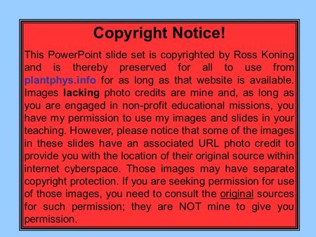 Copyright Notice! This PowerPoint slide set is copyrighted by Ross Koning and is thereby preserved for all to use from plantphys.info for as long as that.