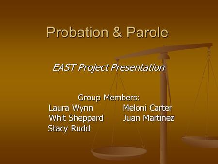 Probation & Parole Group Members: Laura Wynn Meloni Carter Laura Wynn Meloni Carter Whit Sheppard Juan Martinez Whit Sheppard Juan Martinez Stacy Rudd.