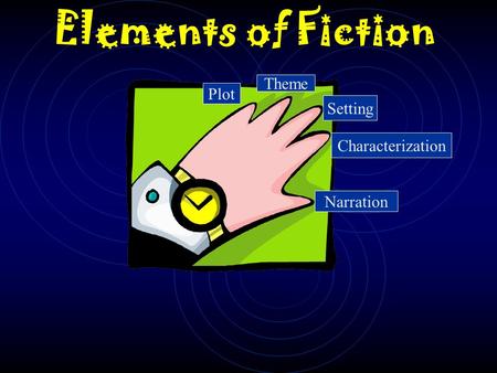 Elements of Fiction Theme Plot Setting Characterization Narration.