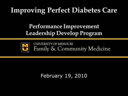 UNIVERSITY OF MISSOURI Family & Community Medicine Improving Perfect Diabetes Care Performance Improvement Leadership Develop Program February 19, 2010.