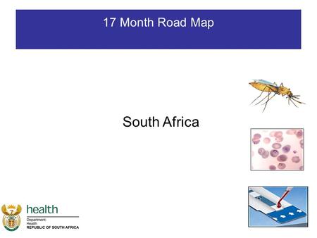 17 Month Road Map South Africa. Current Malaria Status in RSA By 2001 morbidity reduced by 59% Between 2000 & 2008, mortality reduced by 96%; morbidity.