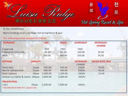 To Our Valued Guest, Warm Greetings from Luisa Ridge Hot Spring Resort & Spa! The Following are the updated 2014 Rates. ENTRANCE.