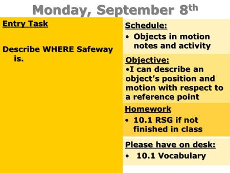 Monday, September 8 th Entry Task Describe WHERE Safeway is. Schedule: Objects in motion notes and activityObjects in motion notes and activity Objective: