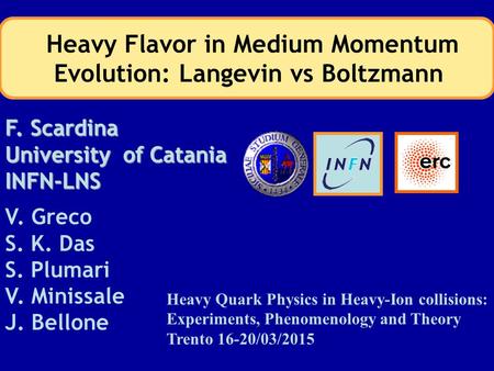 F. Scardina University of Catania INFN-LNS Heavy Flavor in Medium Momentum Evolution: Langevin vs Boltzmann V. Greco S. K. Das S. Plumari V. Minissale.