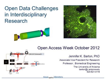 Open Data Challenges in Interdisciplinary Research Open Access Week October 2012 Jennifer K. Barton, PhD Associate Vice President for Research Professor,