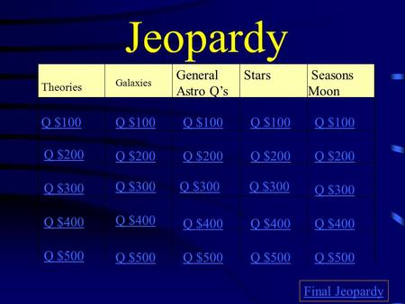 Jeopardy Theories General Astro Q’s Stars Seasons Moon Q $100 Q $200 Q $300 Q $400 Q $500 Q $100 Q $200 Q $300 Q $400 Q $500 Final Jeopardy Science Galaxies.