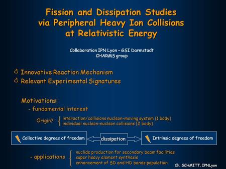Fission and Dissipation Studies via Peripheral Heavy Ion Collisions at Relativistic Energy Ch. SCHMITT, IPNLyon  Innovative Reaction Mechanism  Relevant.