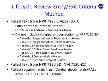 Lifecycle Review Entry/Exit Criteria Method