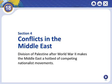 NEXT Section 4 Conflicts in the Middle East Division of Palestine after World War II makes the Middle East a hotbed of competing nationalist movements.