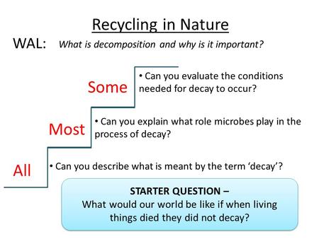 Recycling in Nature What is decomposition and why is it important? WAL: All Most Some Can you describe what is meant by the term ‘decay’? Can you explain.