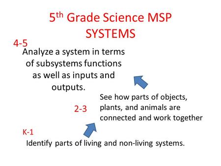 5 th Grade Science MSP SYSTEMS Analyze a system in terms of subsystems functions as well as inputs and outputs. See how parts of objects, plants, and animals.