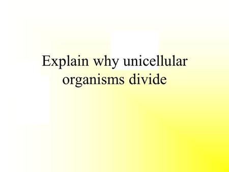 Explain why unicellular organisms divide. Unicellular organisms divide to reproduce.