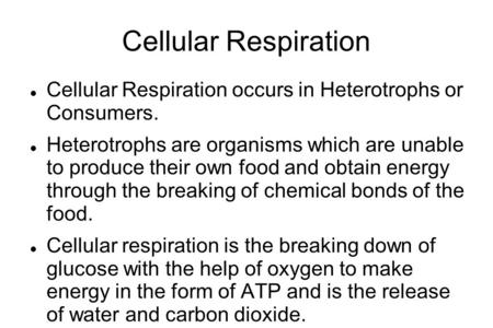 Cellular Respiration Cellular Respiration occurs in Heterotrophs or Consumers. Heterotrophs are organisms which are unable to produce their own food and.