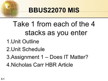 0.1 BBUS22070 MIS Take 1 from each of the 4 stacks as you enter 1.Unit Outline 2.Unit Schedule 3.Assignment 1 – Does IT Matter? 4.Nicholas Carr HBR Article.