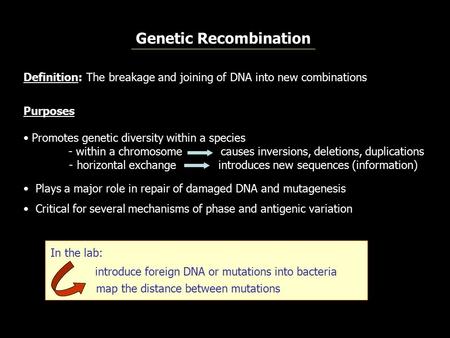Genetic Recombination Definition: The breakage and joining of DNA into new combinations Critical for several mechanisms of phase and antigenic variation.