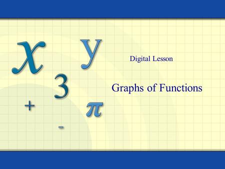 Graphs of Functions Digital Lesson. Copyright © by Houghton Mifflin Company, Inc. All rights reserved. 2 The graph of a function y = f (x) is a set of.