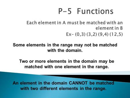 Each element in A must be matched with an element in B Ex– (0,3) (3,2) (9,4) (12,5) Some elements in the range may not be matched with the domain. Two.