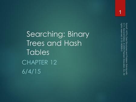 Searching: Binary Trees and Hash Tables CHAPTER 12 6/4/15 Nyhoff, ADTs, Data Structures and Problem Solving with C++, Second Edition, © 2005 Pearson Education,
