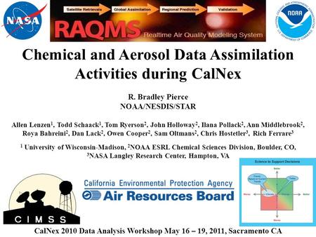 Chemical and Aerosol Data Assimilation Activities during CalNex R. Bradley Pierce NOAA/NESDIS/STAR Allen Lenzen 1, Todd Schaack 1, Tom Ryerson 2, John.