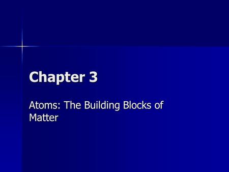 Chapter 3 Atoms: The Building Blocks of Matter. 3-1 An Ancient Idea Water: atoms smooth and round so it flowed with no permanent shape Water: atoms smooth.