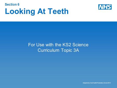 Section 6 Looking At Teeth For Use with the KS2 Science Curriculum Topic 3A Adapted by Oral Health Promotion, Devon 2014.