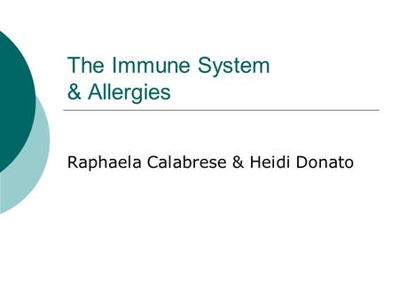 The Immune System & Allergies Raphaela Calabrese & Heidi Donato.