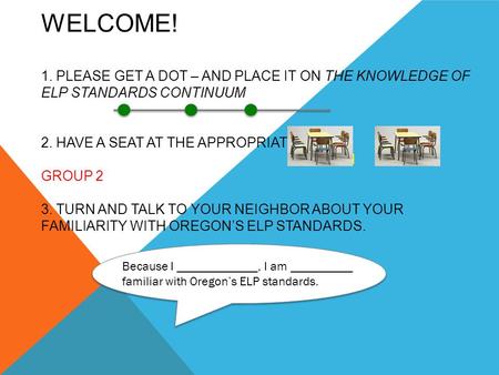 WELCOME! 1. PLEASE GET A DOT – AND PLACE IT ON THE KNOWLEDGE OF ELP STANDARDS CONTINUUM 2. HAVE A SEAT AT THE APPROPRIATE TABLE GROUP 1 GROUP 2 3. TURN.