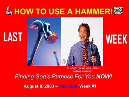 HOW TO USE A HAMMER! Finding God’s Purpose For You NOW! August 8, 2003 – The Chill Week #1 In a perfect world, he would be holding a hammer. LAST WEEK.