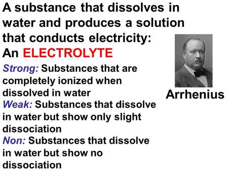 A substance that dissolves in water and produces a solution that conducts electricity: An ELECTROLYTE Arrhenius Strong: Substances that are completely.