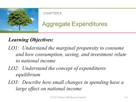 Learning Objectives: Aggregate Expenditures LO1: Understand the marginal propensity to consume and how consumption, saving, and investment relate to national.